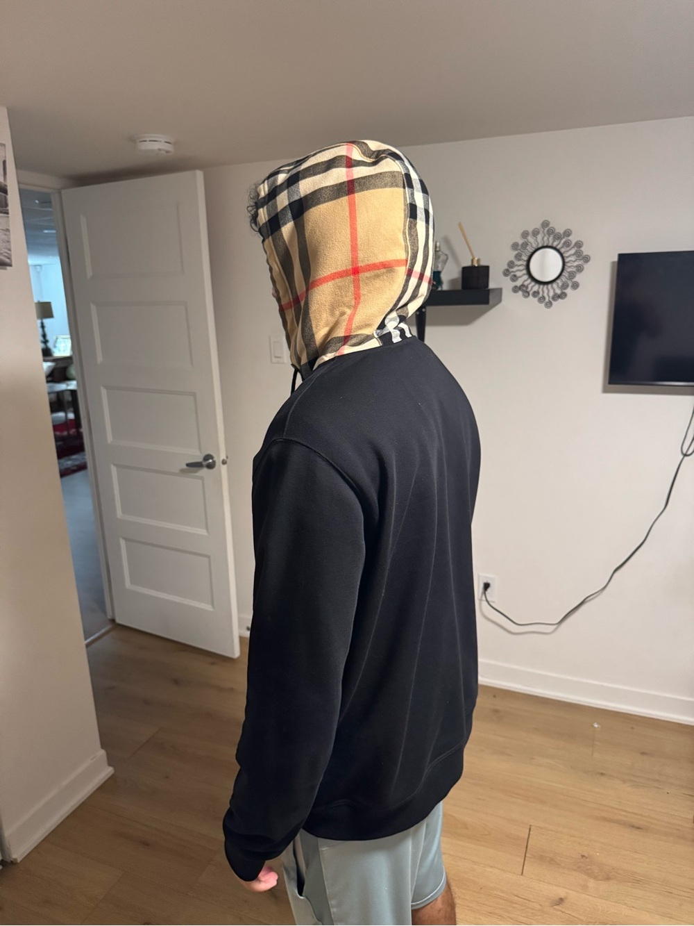 Burberry Black Crewneck Sweater with Beige Check Hood